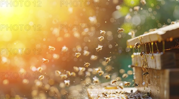 Bees gathering natural honey in beehive, AI generated