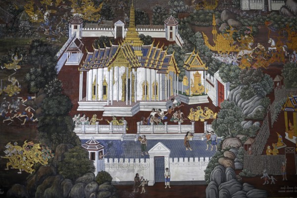 Mural painting in Wat Phra Kaew, Temple of the Emerald Buddha, Bangkok, Thailand, Asia