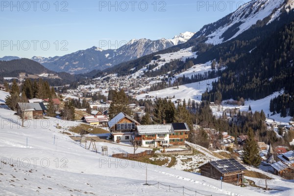 Snowy landscape, winter, Hirschegg in front, Riezlern behind, Kleinwalsertal, Vorarlberg, Austria,