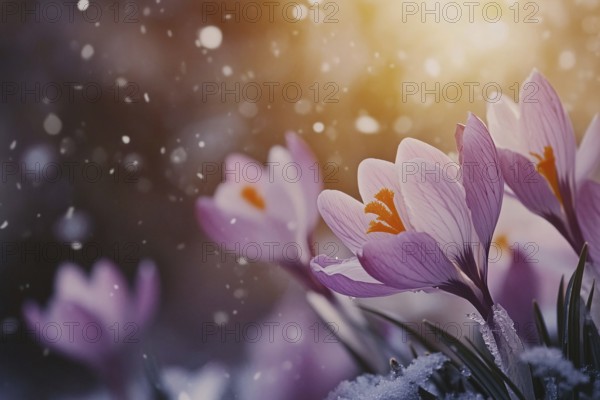 Close up of beautiful purple crocus spring flowers blooming between snow during late winter or