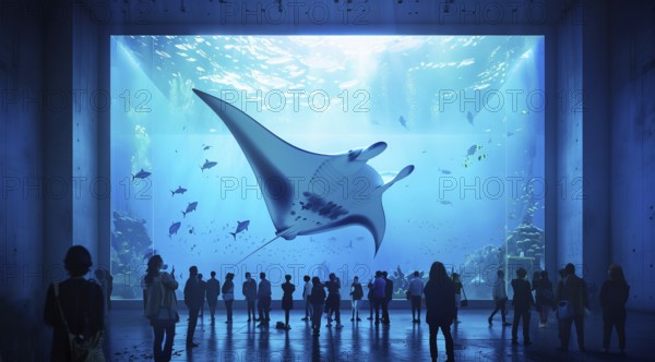 People enjoy marine underwater life in aquarium. Sharks whales Manta Rays and dolphins, AI