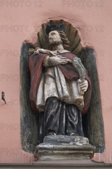 St Nepomuk on a residential building, Dinkelsbühl, Bavaria, Germany, Europe