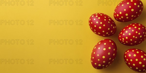 Red Easter eggs with golden dots on yellow background with copy space. Generative AI, AI generated
