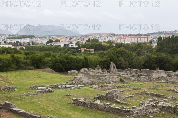 High angle view of old stone wall structures at ancient 3rd century Roman ruins of Salona near