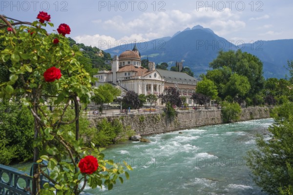Merano, South Tyrol, Italy, spa hotel on the river Passer, on the Passer promenade in the old town