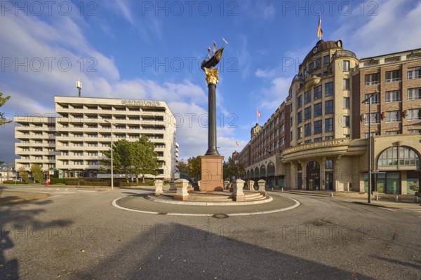 Störtebeker House in the architectural style of neo-historicism, granite column with metal