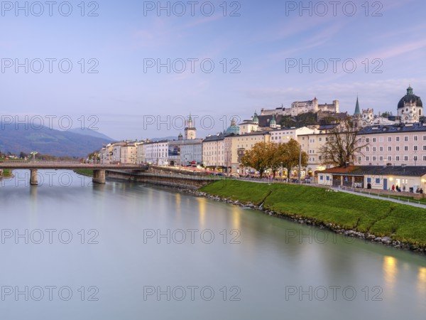 View of the fortress Hohen Salzburg, old town of Salzburg, Salzach, autumn, Salzburg, Austria,