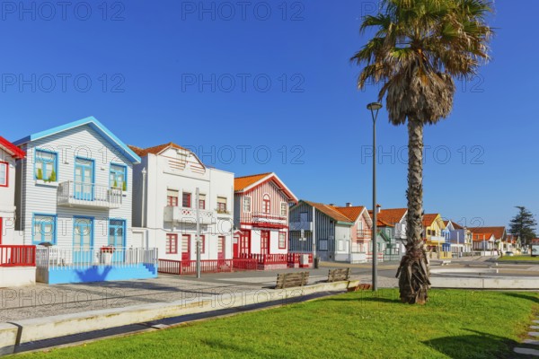 Traditional wooden striped houses, Costa Nova do Prado, Aveiro, Portugal, Europe