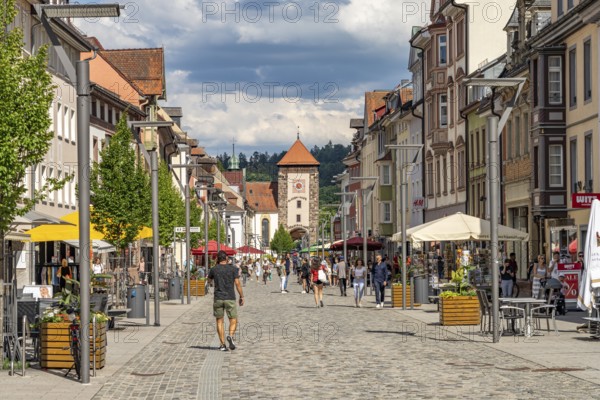 Bickenstrasse pedestrian zone and the Bicken Gate in Villingen-Schwenningen, Black Forest,