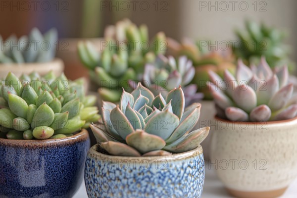 Different small succulent house plants in flower post. Generative AI, AI generated