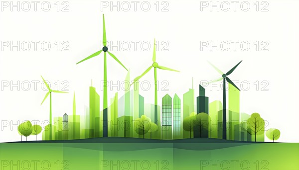 Abstract visual illustration of a city skyline where buildings morph into wind turbines and trees,