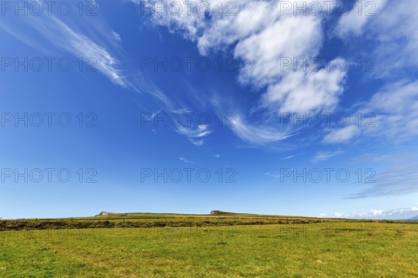 Green meadow, edge of cliff on the horizon, cumulus clouds, cirrus, Kerry Cliffs, panoramic road