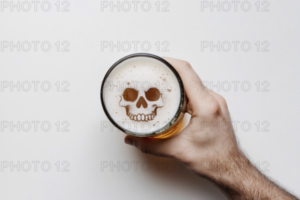 Hand holding beer mug with skull shape in foam. Concept for alcoholism and alcohol related deaths.
