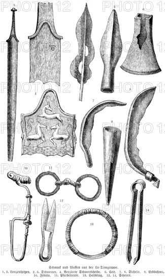 Iron Age jewellery and weapons from the La Tène site, Epagnier, Lake Neuchâtel, spearhead, sword,