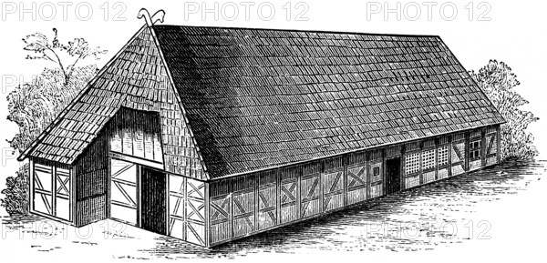 Saxon half-timbered house, dwelling house with stables, roof shingles, plank door, hayloft,