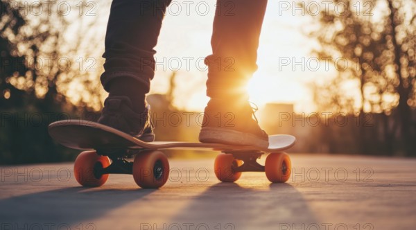 Skateboarder on a skateboard on the city streets at sunset., AI generated