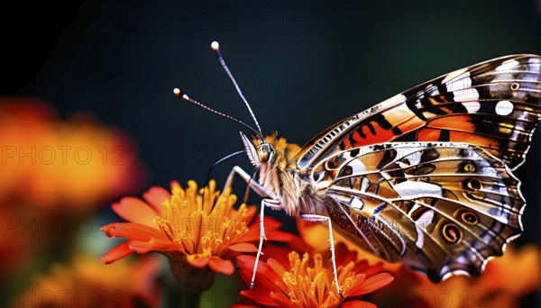 Extreme close-up of a painted lady butterfly (Vanessa cardui), AI generated