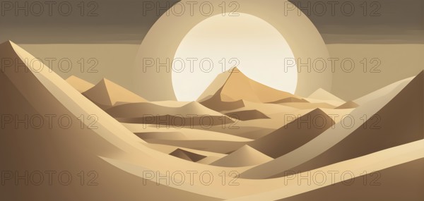Abstract desert scene with triangular sand dunes and a single circular sun, using sharp lines and