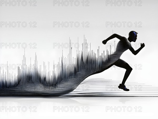 Wave of data points shaping into a runners silhouette, abstract illustration in black and white,