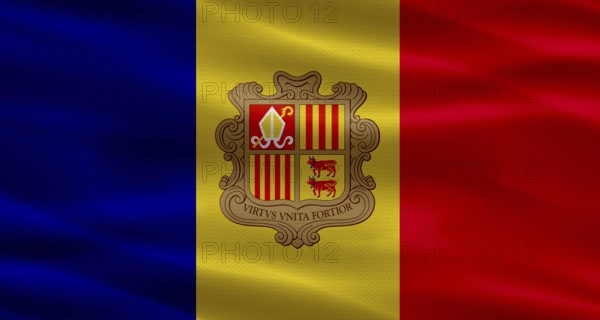 Andorra flag with fabric texture waving. Close up of flag of Andorra with cloth texture