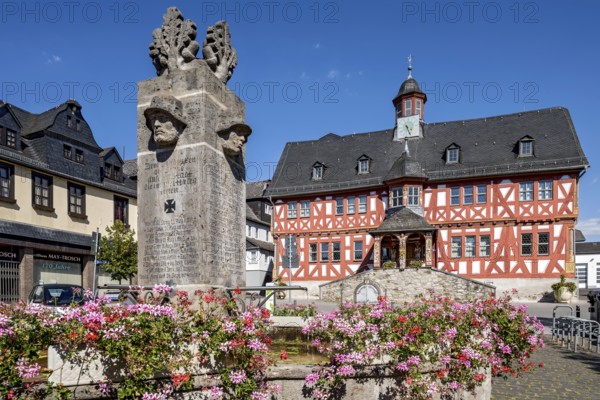 Historic town hall, Renaissance half-timbered house, fountain for fallen soldiers of the 1st World
