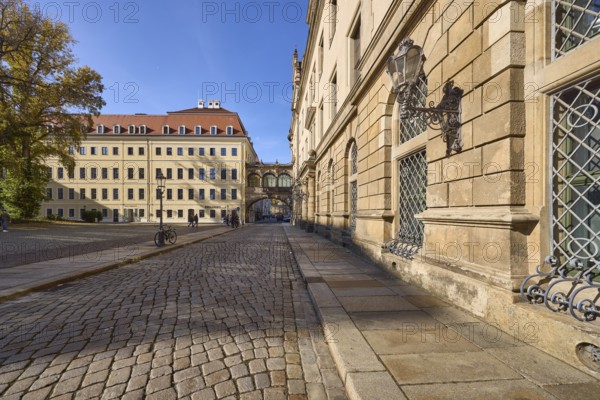 Residenzschloss, Taschenbergpalais, cobblestones, city trees, restaurants Das Palais and Paulaner's