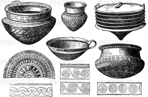Bronze bowls and hanging urns, urns, numerous decorations, detail, handle, Bronze Age, history of