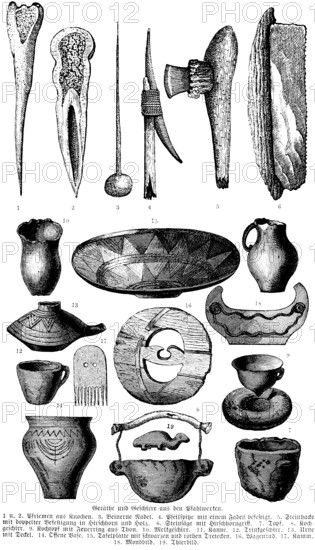Crafts and kitchen utensils of the prehistoric pile dwellers, some with ornamentation, needle, jug,