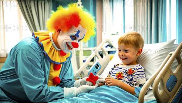 A clown, a clinic clown, in mask, red nose and clown costume sits at the bedside of a sick boy in