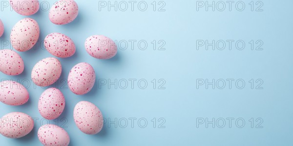 Pastel pink Easter eggs with dots on side of blue background with copy space. Generative AI, AI