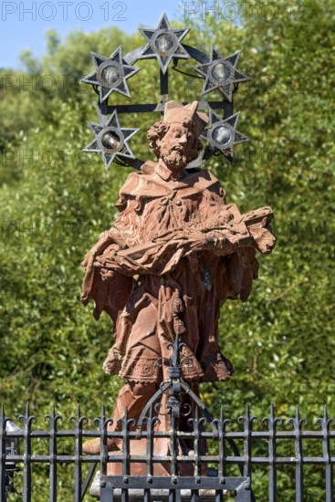 Statue of St Nepomuk, Baroque bridge saint, Nepomuk Bridge, Stone Bridge, Elbbach Bridge over the