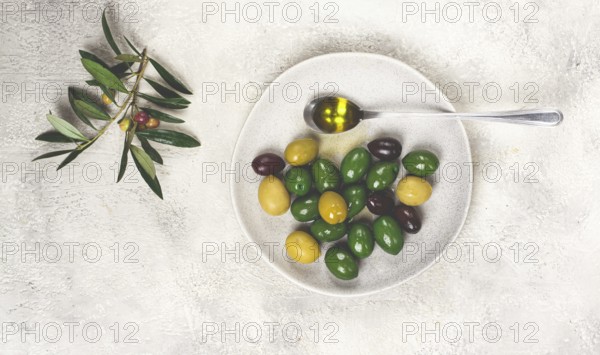 A mix of olives, a variety of Chalkidiki, verdi giganti and Kalamata, on a plate with a spoonful of