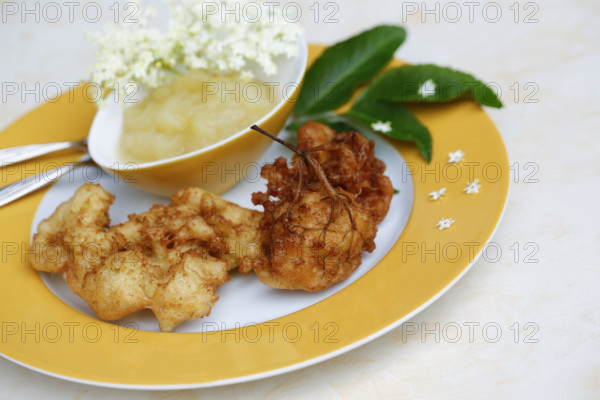 Swabian cuisine, elderberry cakes with apple sauce, Hollerkiacherl, elderflowers in pastry,
