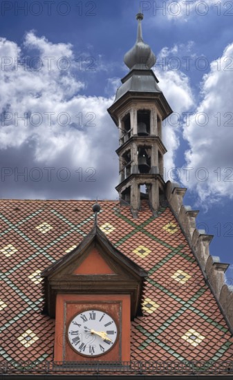 Ornate roof with clock tower and baroque ridge turret, former council drinking parlour, so-called