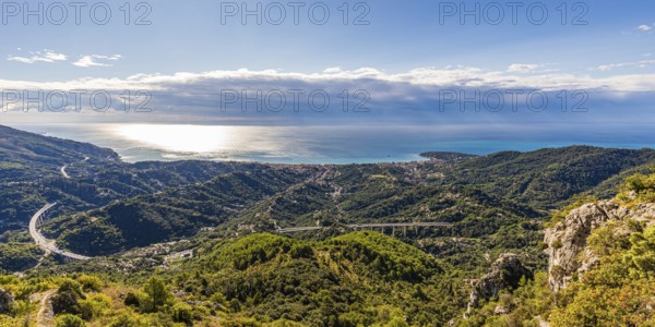 View of the A8 motorway (La Provencale motorway) and the coast near Menton, Mediterranean Sea, Côte