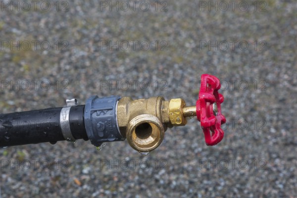 Close-up of black plastic garden hose main water supply connecting pipe with brass fitting and red