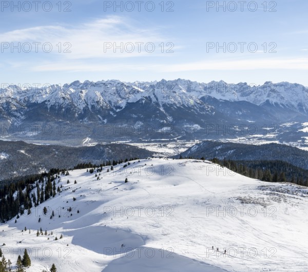View of mountain panorama in winter, summit of Simetsberg, Estergebirge, Bavarian Prealps, Bavaria