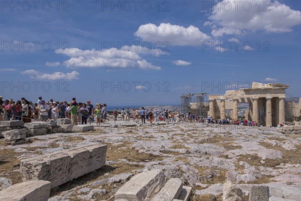 Queue of tourists in front of the Propylaea on the Acropolis, Athens, Greece, Europe