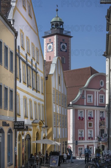 Historic houses in the Marktgasse, behind the town hall tower, Eichstätt, Upper Bavaria, Germany,