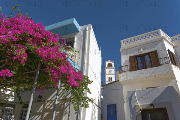 White houses of Menetes with bougainvillea and a bell tower in front of a clear blue sky, Menetes,