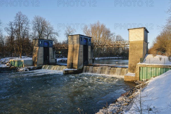 Lünen, North Rhine-Westphalia, Germany - Sunny winter landscape in the Ruhr area, Westfalia weir at