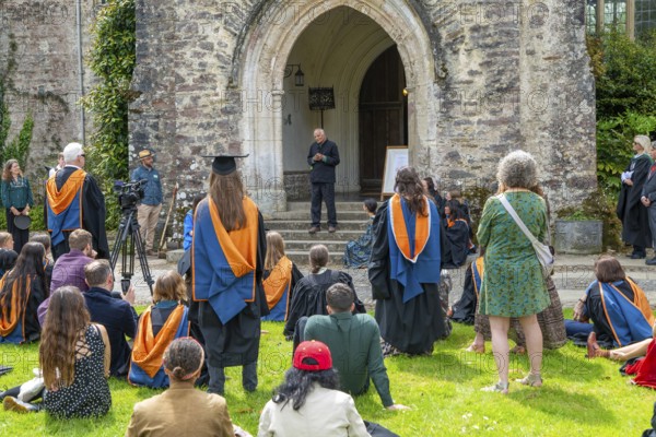 Satish Kumar speaking at graduation event, Schumacher College, Dartington Hall estate, Totnes,