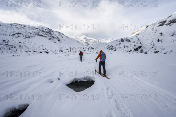 Ski tourers ascending in the rear Martell Valley, snow-covered mountain peak Monte Cevedale behind,