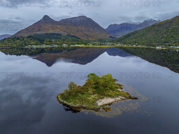 Mountains reflected in fjord, coast, island, autumn, cloudy, aerial view, Loch Leven, view of