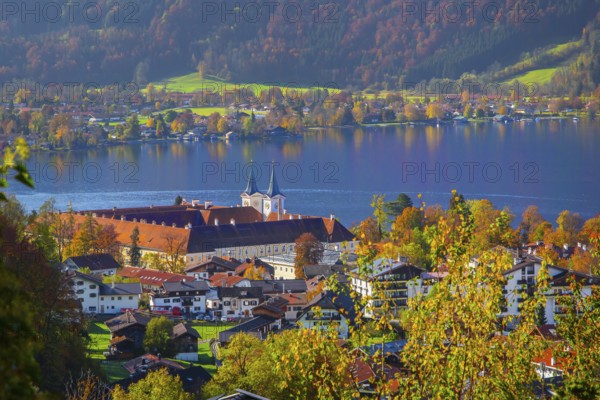 Panorama of the village and lake with the monastery castle in autumn, Tegernsee, Tegernsee,