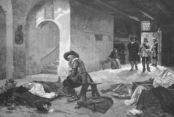 The deceased comrade of the musketeers lies on the ground, his armour has already been removed,