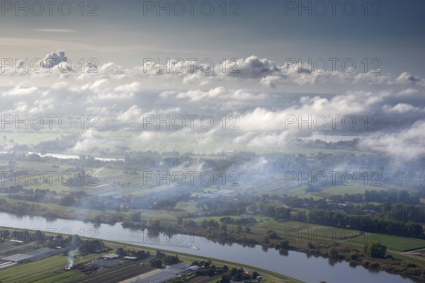 Aerial view, fog, autumn, season, clouds, convection, river, lowland, October, Elbe, Norderelbe,