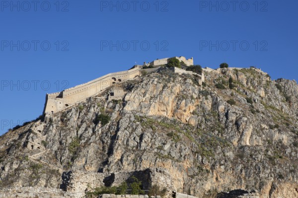 Venetian fortress Palamidi on the city hill of Nafplio, on the right the Argolic Gulf, Argolis,