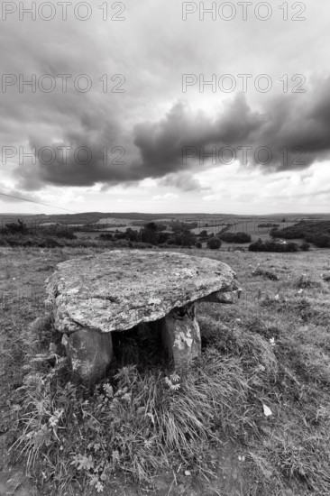 Unknown dolmen in a meadow, dramatic cloudy sky, monochrome, County Clare, Ireland, Europe