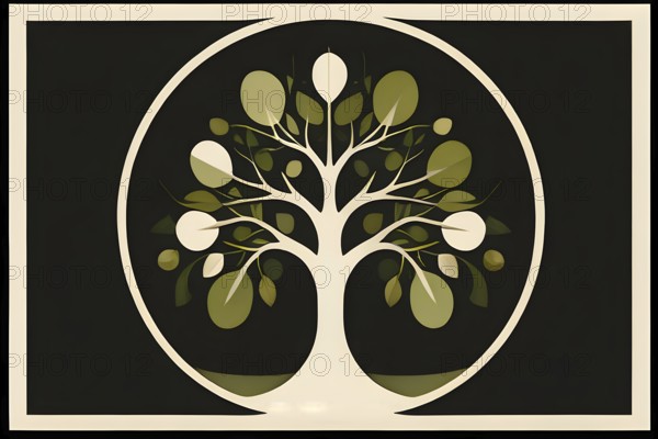 Abstract geometric tree with a circular canopy and a rectangular trunk, arranged in a clean,